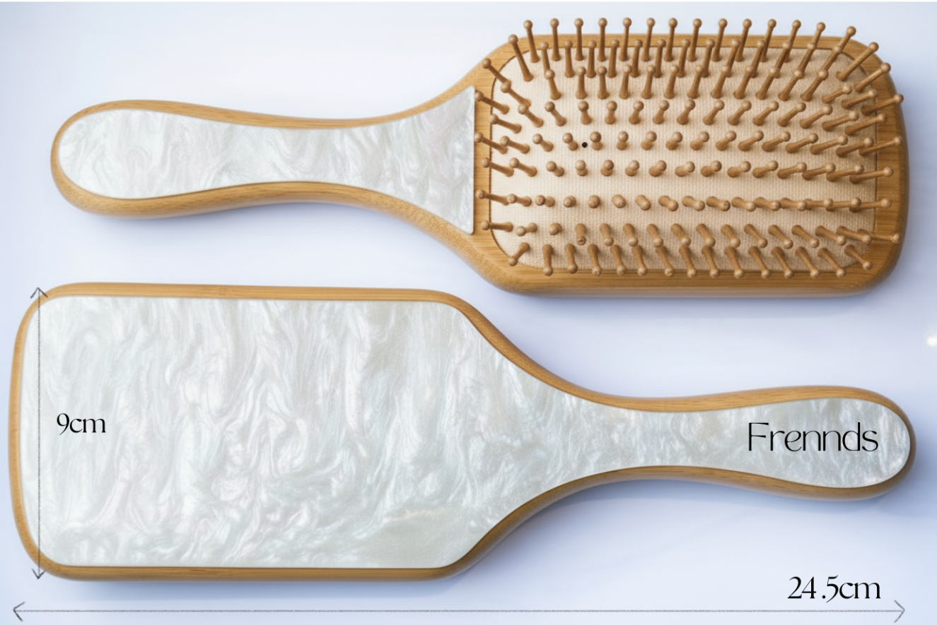 Large Bamboo Paddle Hair brush acetate white pearl finish, Bamboo Bristles for Smooth Detangling & Scalp Comfort